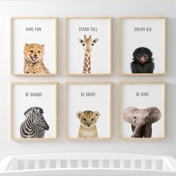 Jungle Safari Baby Animal Nursery Bedroom Wall Art Picture Prints, Set of 6 - Elephant, Lion, Monkey, Giraffe, Cheetah, Zebra. Pompom® [Picture Frames NOT Included] (A4, Neutral Quotes)