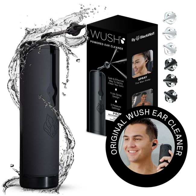 Wush Pro by Black Wolf - The Original Deluxe Water Powered Ear Cleaner with 6 Reusable Replacement Tips by Black Wolf - Safe & Effective for Ear Wax Buildup - Electric Ear Wax Removal Kit