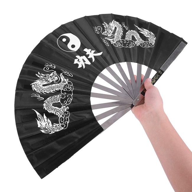 FILFEEL Edelstahl-FaltfäCher Chinesischer Tai Chi-Fan Kampfsport Kung Fu KampffäCher FüR MäNner und Frauen Leistung, Tanz, Dekorationen 64 X 35 cm (Schwarz)