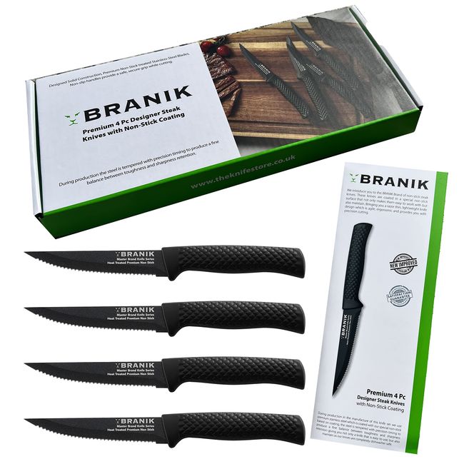 BRANIK Brand Titanium Series Steak Knives Set of 4, Premium German Steel with Special Baked on Ceramic Non-Stick Coating. Dishwasher Safe Kitchen Steak Knife Set.