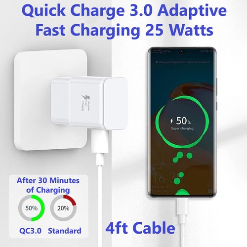 OEM Adaptive Quick Fast Charger Compatible with ZTE Blade V50 Vita Plus Full 15W Power Certified USB Type-C 5Gbps Data Cable. (2 Pack! / White / 4FT, 1.2M)