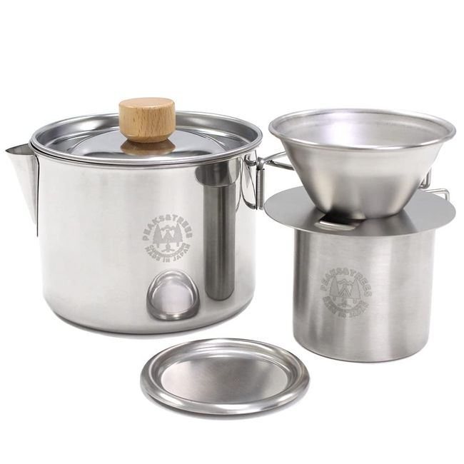 PEAKS&TREES 1L Kettle Cooker & Coffee Dripper Set, Double Wall Mug, Stainless Steel, Kettle, Open Fire, Outdoor Activities, Camping, Made in Japan, Made in Tsubamesanjo, Drip Coffee, Cup, Cookware, Peaks & Trees