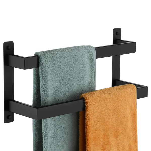 KOKOSIRI Towel Bars Black Bath Towel Holders 16 Inches Bathroom 2-Tiers Ladder Towel Rails Wall Mounted Towels Shelves Rack Stainless Steel, B5008BK-L16