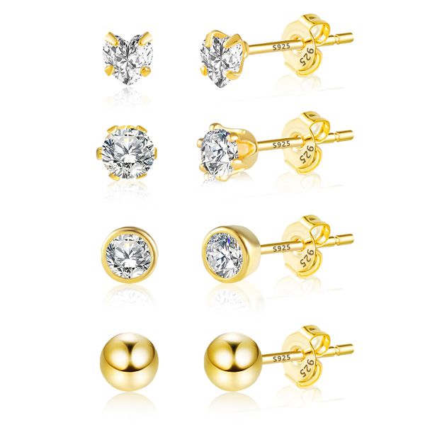 ASH'S CHOICE Gold Stud Earrings Set, 4 Pairs Multipack Small Gold Stud Earrings for Women, 925 14k Goldplated Small Zircon Diamond Strass Ball Heart Studs Earrings 585 333 9ct Gold Studs Earrings