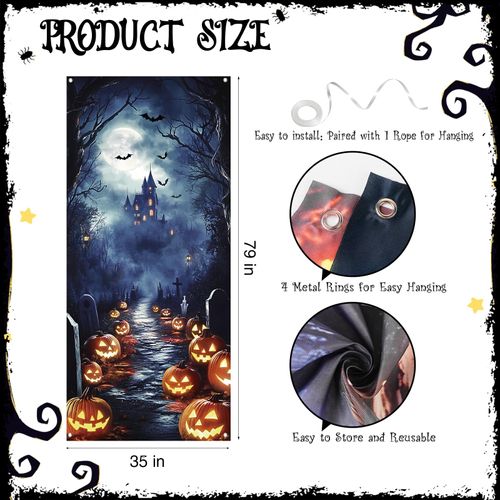 Halloween Decorations Door Cover, Large Scary Pumpkin Bats Castle Halloween Door Banner Bathroom Porch Door Backdrop Decor for Parties, Indoor Outdoor Haunted House Themed Decoration, 35x78 Inch