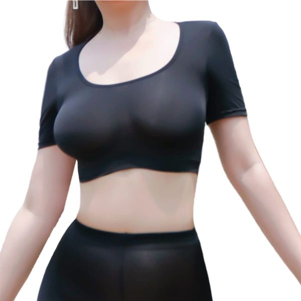 MMCCHB Transparent T Shirt Short Sleeve Sexy Nude Top Sexy Costume Cosplay Costume Vest (One Size) (Black)