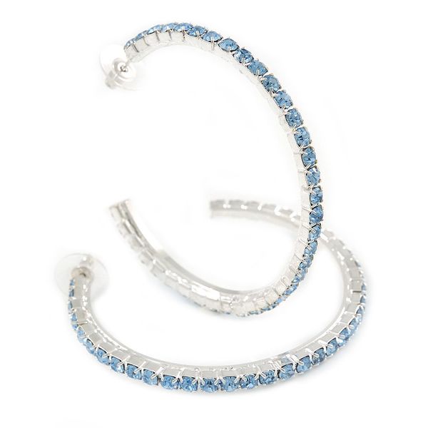 60mm D/Large Sky Blue Austrian Crystal Hoop Earrings/Rhodium Plating