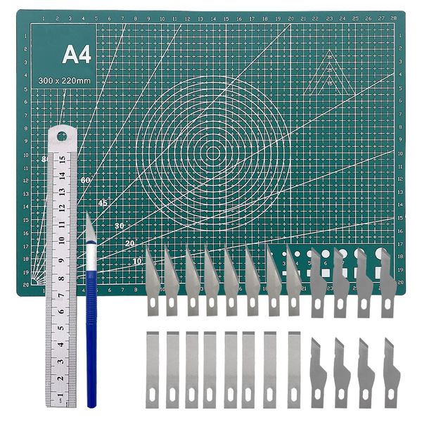 Craft Cutting Stencil Knife Set and A4 Double Sided Cutting Mat Set,Art Blade Cutting Exacto Knives Cutting Rulers Tools for Paper,Modelling,Quilting,Sewing,Scrapbook,Fabric & Papercraft- 28pcs