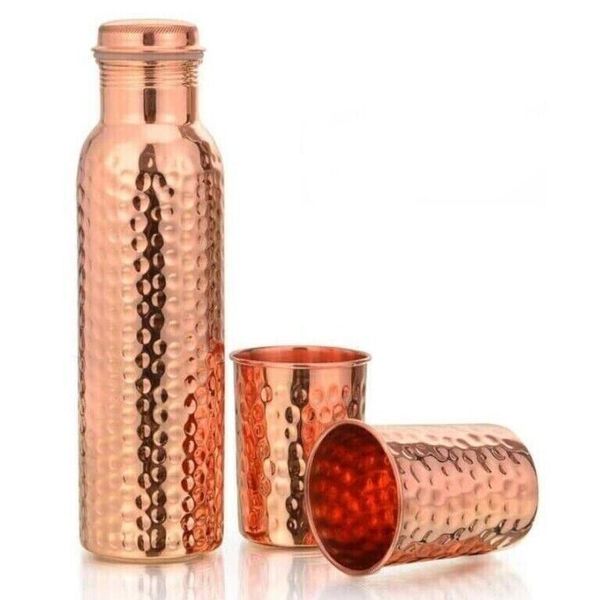 Pure Copper Hammered Water Bottle With 2 Tumbler Ayurveda Health Benefits