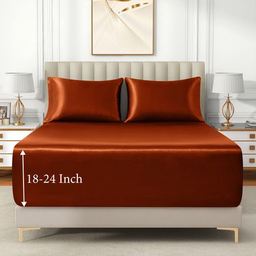 VACVELT 3pcs Extra Deep Pocket Satin Fitted Sheet Set King Bed Set, Burnt Orange Bottom Sheet Fit 18-24 Inch Deep Pocket Mattress, Silky Bedding Set Soft & Ultra Deep Fitted Sheet & 2 Pillowcase
