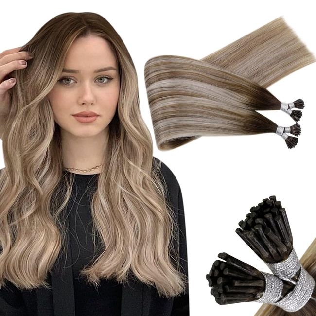 I Tip Echthaar Extensions Remy Echthaar Flat Tip Extensions Braun Keratin Extensions Echthaar Ombre Dunkelbraun Mix Aschbraun und Mittelblond #3/8/22 50cm 50g 50Ständer