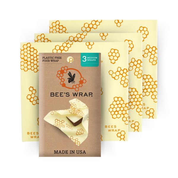 Bee's Wrap Reusable Beeswax Food Wraps Made in the USA, Eco Friendly Beeswax Wrap for Food, Sustainable Organic Cotton, 3 Pack of Medium Wraps, Honeycomb Pattern