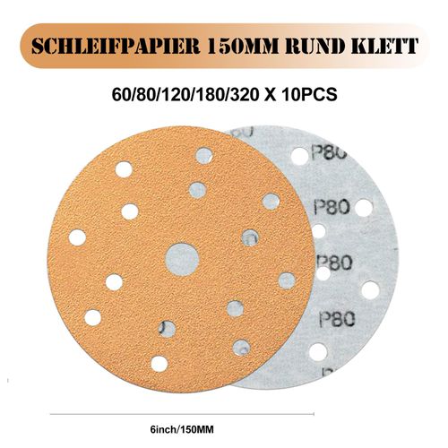 Pack of 50 Sandpaper 150 mm - Professional Grit 60/80/120/180/320 Sanding Discs - 15 Hole for Random Orbital Sander - Aluminium Oxide Abrasive Car Dry Sanding Sand