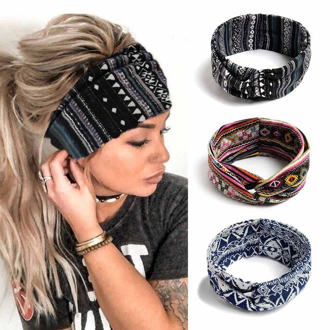 Zoeatr Boho Criss Cross Stirnbänder Blau Yoga Kopftücher Stilvolle Elastische Kopfwickel Mode Haarschmuck für Frauen und Mädchen (3 Stück)