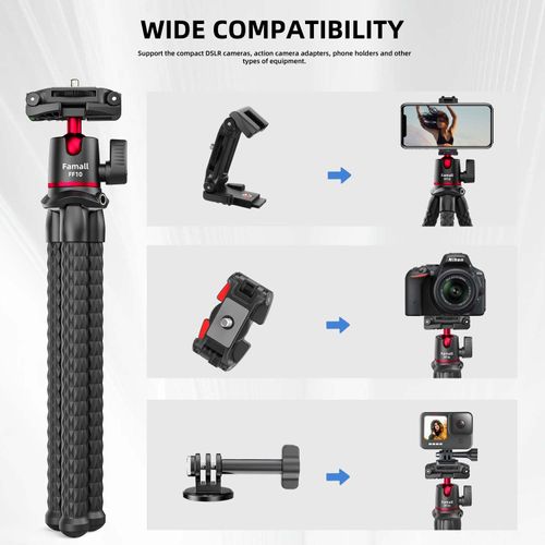 Camera Tripod, Famall Flexible Tripod Stand for Phone with Cold Shoe Phone Mount for iPhone Canon Nikon Sony Cameras
