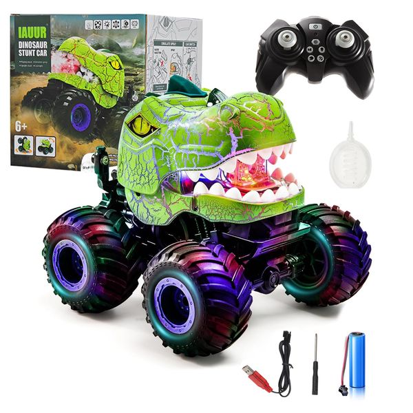 IAUUR Dinosaur Remote Control Car, 360° Rotating RC Stunt Car Dinosaur Monster Truck Toys with Spray, Light & Sound,2.4GHz All Terrain Indoor/Outdoor Toys for Kids 3-12 Christmas & Birthday (Green)