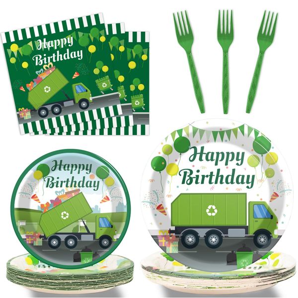 96 Pcs Garbage Truck Birthday Party Plates and Napkins Party Supplies Trash Trucks Party Tableware Set Waste Management Recycling Party Decorations Favors for Birthday Baby Shower for 24 Guests