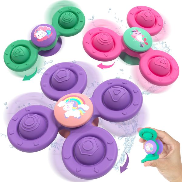 Lehoo Castle Bath Toys, All Silicone Suction Cup Spinner Toys, Unicorn Baby Sensory Toys, Fidget Spinner Toys with Suction 3 Pcs, Baby Travel Toys for Toddler 1-3