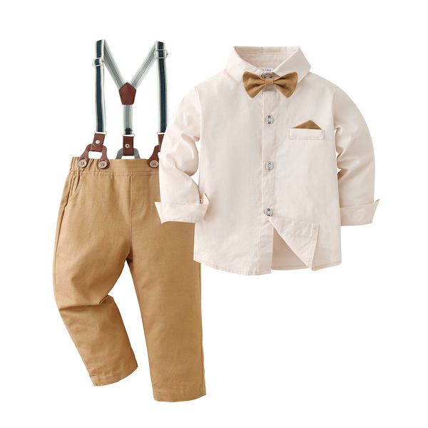 DISAUR Baby Boy Clothes Suits, Toddler Dress Shirt With Bowtie + Suspender Pants Outfit Sets Gentleman Wedding 1-6 Years (Beige,2-3T)