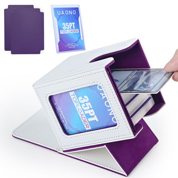 UAONO Card Deck Box with MTG Commander Display, Patented Design Card Deck Case Holds 100+ Double-Sleeved Cards, PU Leather Cards Storage Box for TCG with 2 Dividers, 1 Toploader (White&Purple)