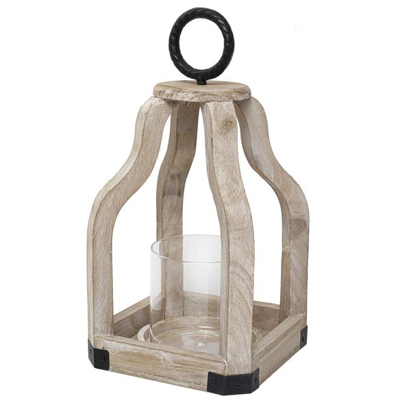 SWALLOWLIVING 13" Rustic Farmhouse Wood Candle Hurricane Lantern with Glass Candlestick Holder for Patio, Table Centerpiece, White Wash