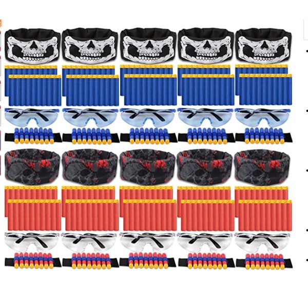 Yomuse Nerf Party Favors - Set of 100 Toy Gun Accessories with 20 Foam Bullets, 10 Face Masks, 10 Tactical Glasses, and 10 Wrist Belts for Boys and Girls