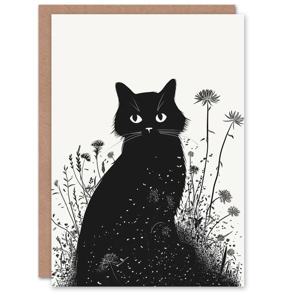 Birthday Card Wildflower Pet Black White Cat Lover Design Greeting Card