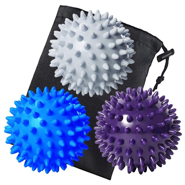 Benvo Spiky Massage Balls Pack of 3 Muscle Roller Lacrosse Balls for Plantar Fasciitis Back Shoulder Pain Relief Foot Muscles, Trigger Point Yoga, Deep Tissue, Stress Reflexology (Silver/Blue/Purple)