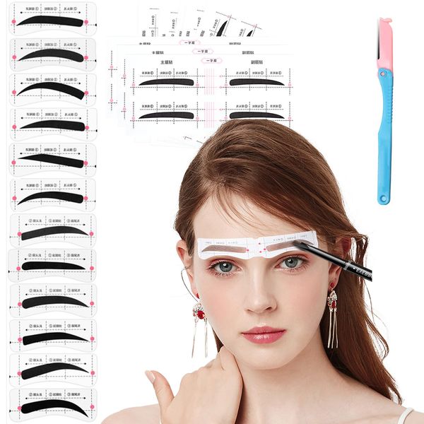 104 PCS Eyebrow Mold Templetes,12 Styles Eyebrow Stencil Molding Stickers Kits with Eyebrow Spatula,3-Minute Makeup, Suitable for Most People