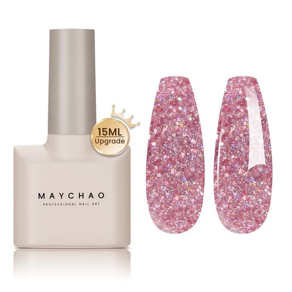 MAYCHAO Glitter Gel Nail Polish, 15ML Pink Glitter Gel Nail Polish, Soak Off UV LED Nail Glitter Gel Polish Nail Art Starter Manicure Salon DIY at Home, 0.5OZ