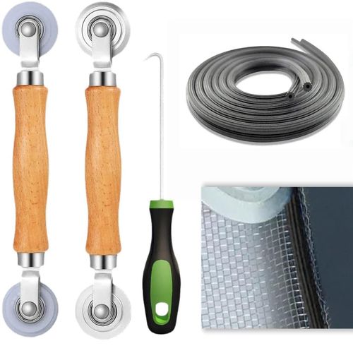 Screen Repair Tool Kit – Includes 2 Types of Screen Roller Tools, 32ft Screen Retainer Spline, and Spline Removal Hook – 4-in-1 Window & Door Mesh Installation Set