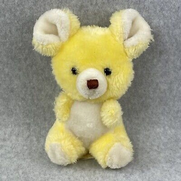 Russ Berrie Yellow Teddy Bear Baby Rattle Plush Stuffed 7" Seated Toy  Vintage