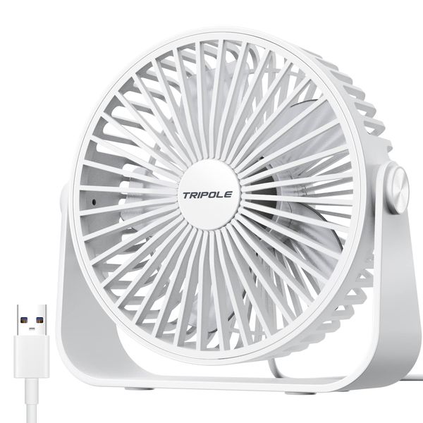 TriPole USB Desk Fan, 3 Speeds Strong Airflow Table Fan, 360° Rotation Mini Personal Fan, 5.5 Inches Portable Fan for Desktop Office Home Bedroom Car Outdoor Camping, White