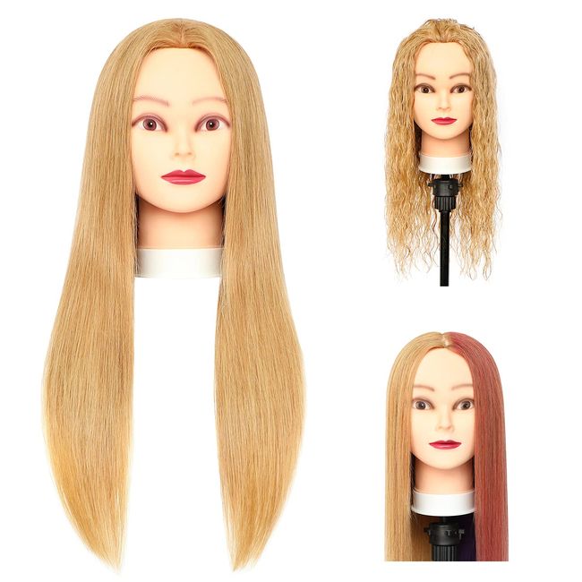 Frisierkopf, 100% Echthaar Haar 20-22 Inch Trainingsköpfe, für übungskopf zum Bleichen und Dauerwelle, Mit Klammerhalter & DIY Haarstyling Flechtwerkzeug