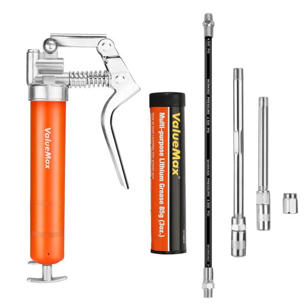 ValueMax Mini Grease Gun Kit, Pistol Grip 3000PSI Grease Gun with 85g Cartridge Grease, with Flexible Hose, Metal Pipes, Couplers and Nozzles