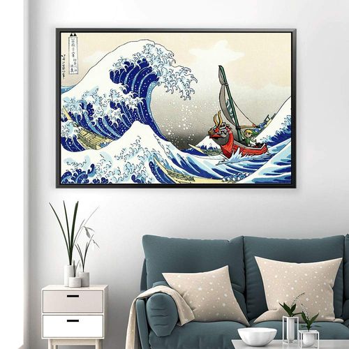 The Legend of Zelda Great Wave off Kanagawa Canvas Wall Art Framed Print Home Decor Hand Made - Various Sizes (12in x 8in Modern Black Framed)