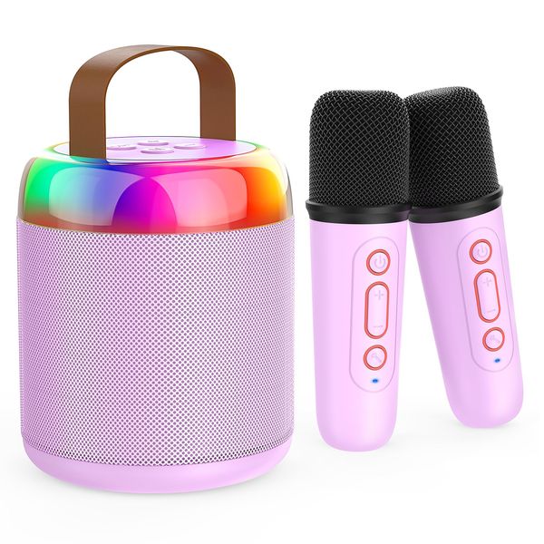 Iyoyo Mini Karaoke Machine for Kids Portable Bluetooth 5.3 Speaker Led Lights with 2 Wireless Microphones Karaoke Gifts for Girls Boys Audlt Birthday Christmas Indoor Outdoor Home Party (Purple)