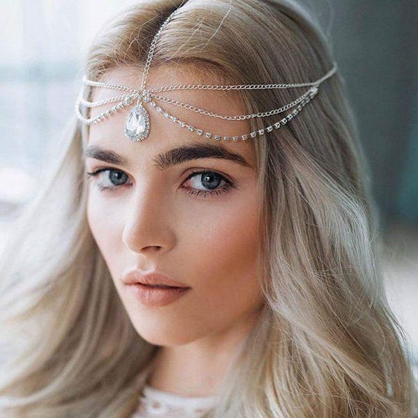 Catery Crystal Head Chain Jewelry Bohemia Goddess Hair Chains Bride Wedding Head Dress Rhinestone Headpiece Halloween Christmas Prom Layered Hair Jewelry for Women and Girls (silver)