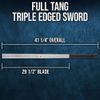 K EXCLUSIVE Full Tang Triple Edged Sword | Detailed Inscriptions | Hardwood Handle with Black Leather Wrap | Matching Scabbard | Display Stand Included | Overall 41 1/4"