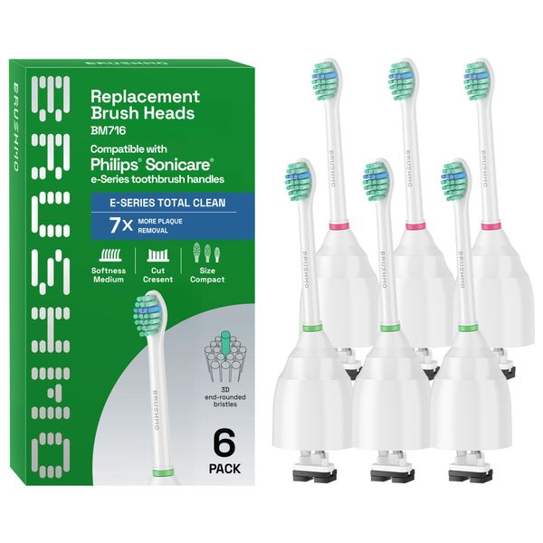 Brushmo e-Series Total Clean Replacement Toothbrush Heads, Compatible with Philips Sonicare Screw-on Electric Toothbrush Handles, 6 Compact Heads, Medium Firm Dupont Bristles, BM716, White