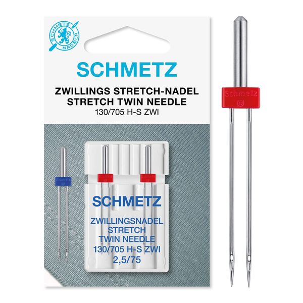 SCHMETZ sewing machine needle | 2 Stretch Twin Needle 2,5/75 | 130/705 H-S ZWI NE 2,5 | For seams on knitted fabrics | Can be used on almost all household sewing machines with zigzag function