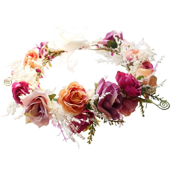 LLinfflr Floral Garland Crown Rose Floral Headband Hair Wreath Flower Halo Headpiece with Ribbon Wedding Party Photos Rosy