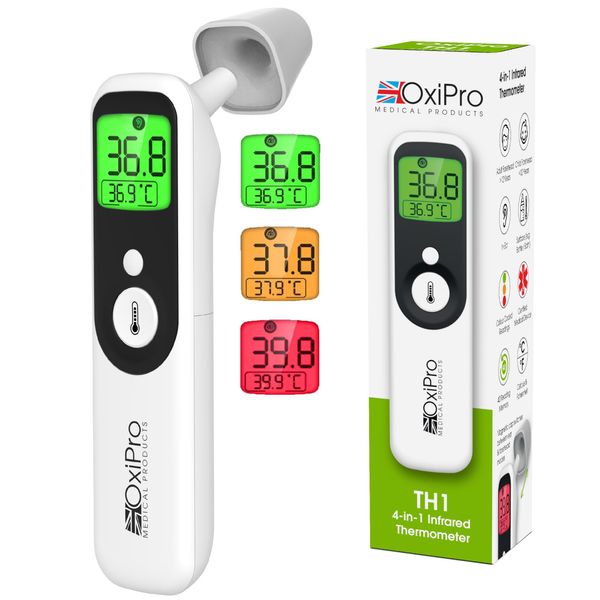 OxiPro TH1 Thermometer - In-Ear, Forehead, Non-Touch & Baby Modes - MHRA Registered - NHS Supplier - CE Approved - Clinically Validated Infrared Thermometer for Newborn, Baby, Kids, Children & Adults