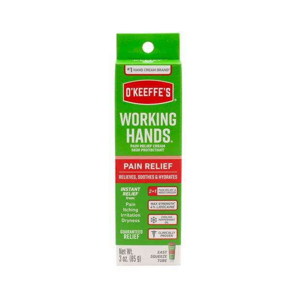 O'Keeffe's Working Hands Pain Relief Cream Skin Protectant with 4% Lidocaine and Cooling Peppermint Oil for Instant Relief from Pain, Itching, Irritation and Dryness, 3oz Tube