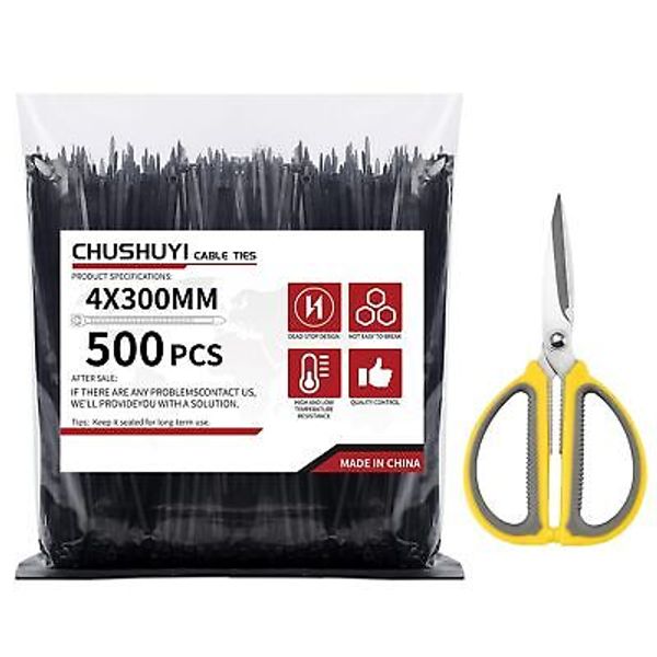 500 PCS 12" Black Cable Zip Ties, Self-Locking Nylon for Cable Management