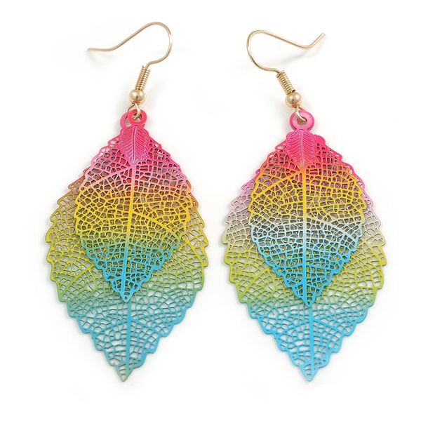 Multicoloured Double Leaf Drop Earrings/Lightweight - 70mm Long