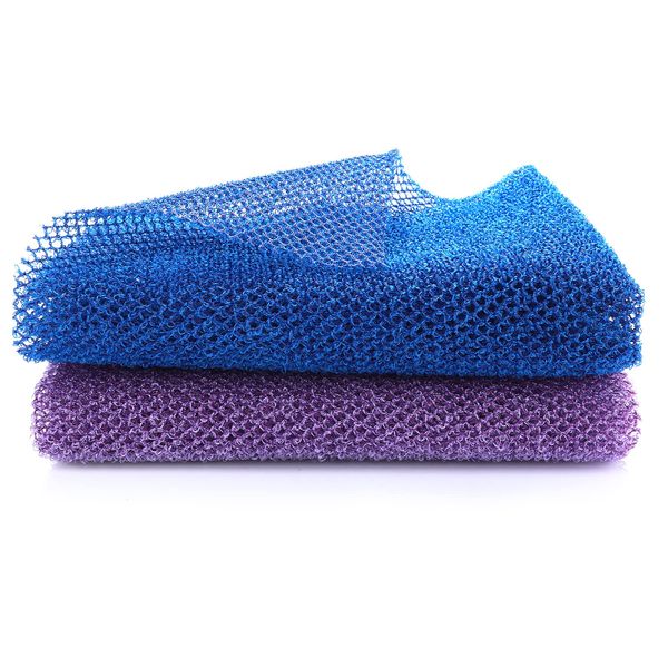 WLLHYF 2 Pcs African Exfoliating Net, Nylon Back Scrubbers Shower Wash Cloth Body Cleaning Spa Massage Bath Towel Deep Clean African Net Sponge for Women Men Shower (Blue Purple)