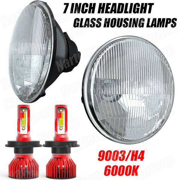 7 Inch Led GLASS Headlight round ORIGINAL CLASSIC LOOK Conversion Chrome pair H4