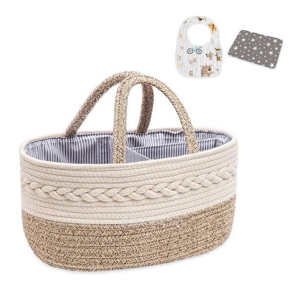 Esoes Nappy Caddy with Bib, Diaper Pad, Cotton Rope Baby Diaper Caddy, Portable Baby Caddy Storage Basket with Detachable Compartments, Nappy Caddy Organiser or Mom Toys Storage for Child (Beige)