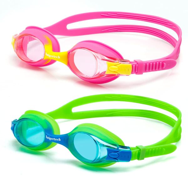 Hutigertech Kinder Schwimmbrille 2 Stück, Schwimmbrille für Kinder Junior Antibeschlag Lecksicher Wasserdicht Weiches Silikon Kinder Schwimmbrille Größenverstellbar Premium Swimming Goggles